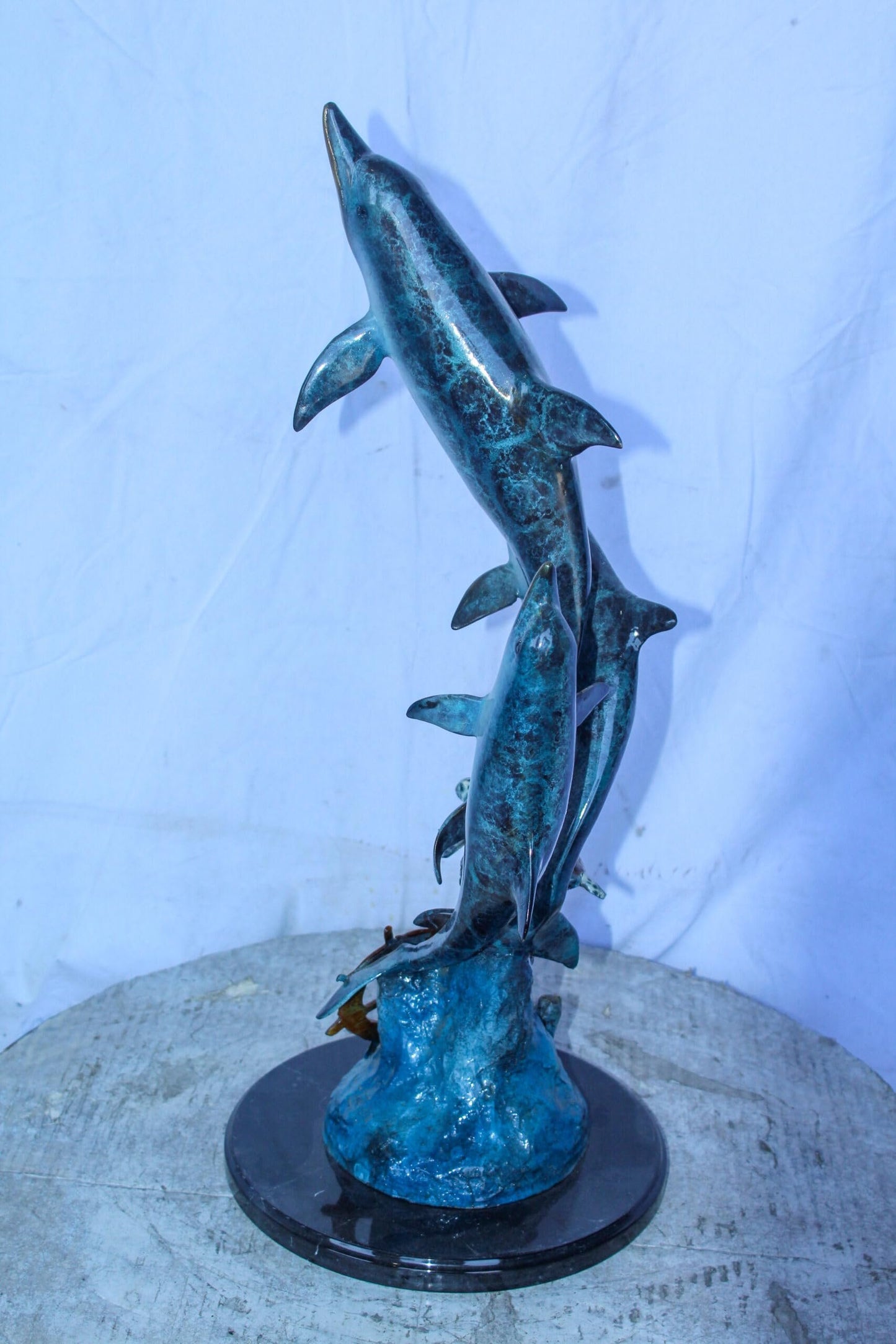 Three Dolphins Jumping, Sea Turtle, Colored Bronze Statue 11" x 11" x 24"H