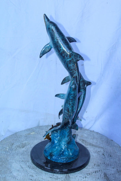 Three Dolphins Jumping, Sea Turtle, Colored Bronze Statue 11" x 11" x 24"H
