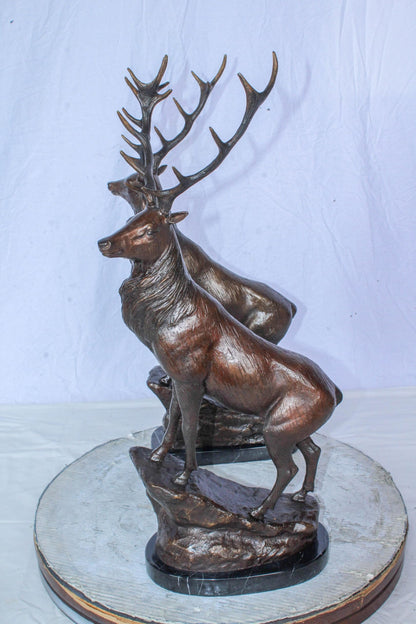 Pair of Bronze Deer Stag Statues Standing on Rock Base 14" x 10" x 28"H