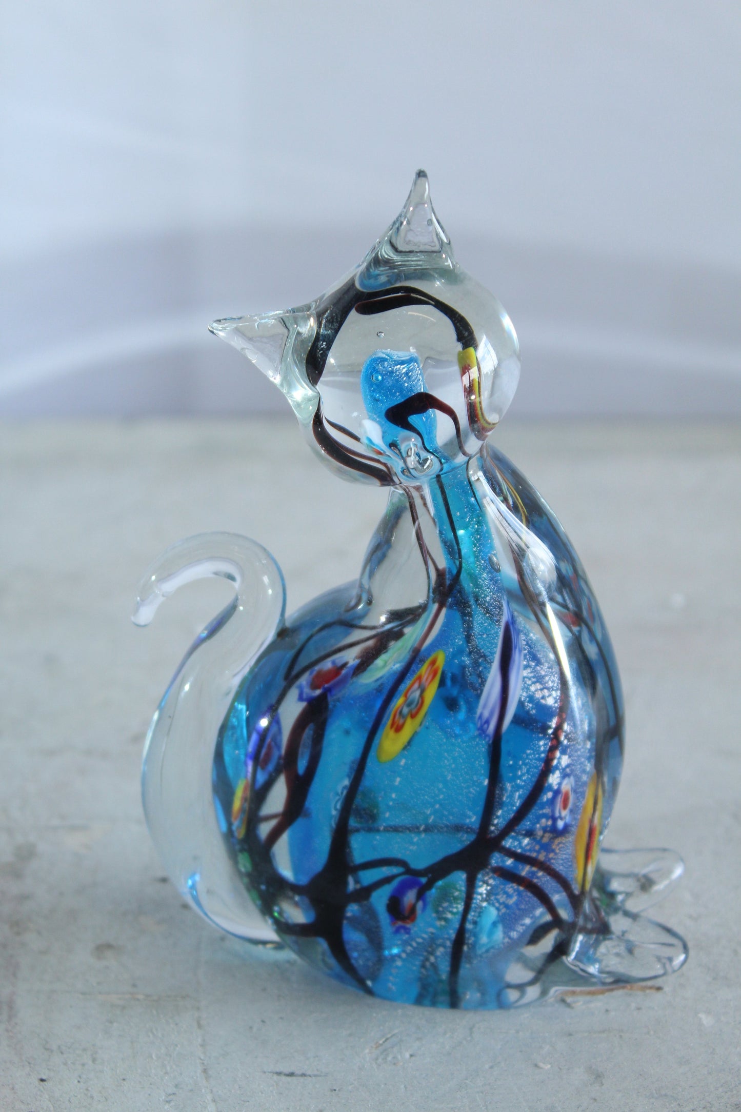 NIFAO Glass Cat Figurine Hand Blown Blue Millefiori Art Decor 5" x 3" x 7"H