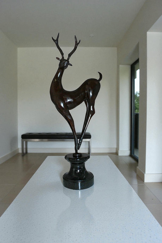 Deer standing Bronze Statue -  Size: 12"L x 7"W x 30"H.