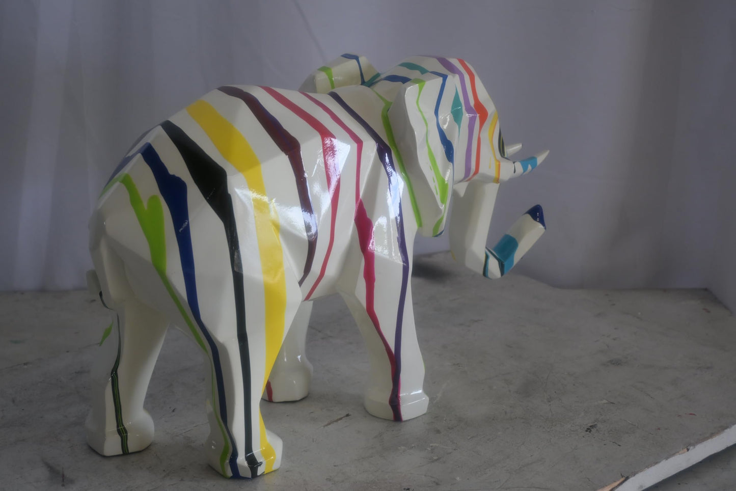 Geometric Resin Elephant Statue with Multicolor Drip Art 22"x8"x12"H