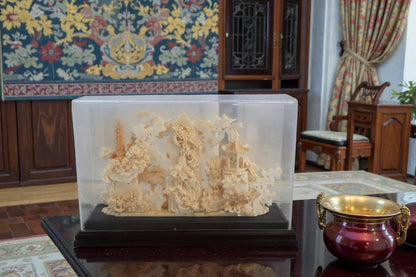 Carved Asian Landscape Diorama with Pagoda in Case 11"x4"x7"H