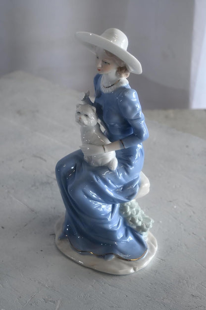 Porcelain Elegant Lady Blue Gown White Hat and White Cat 5"x4"x10"H