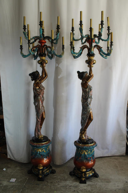 NIFAO Pair Giant Bronze Lady Candelabra Chandeliers Floor Lamps 30"x30"x100"H