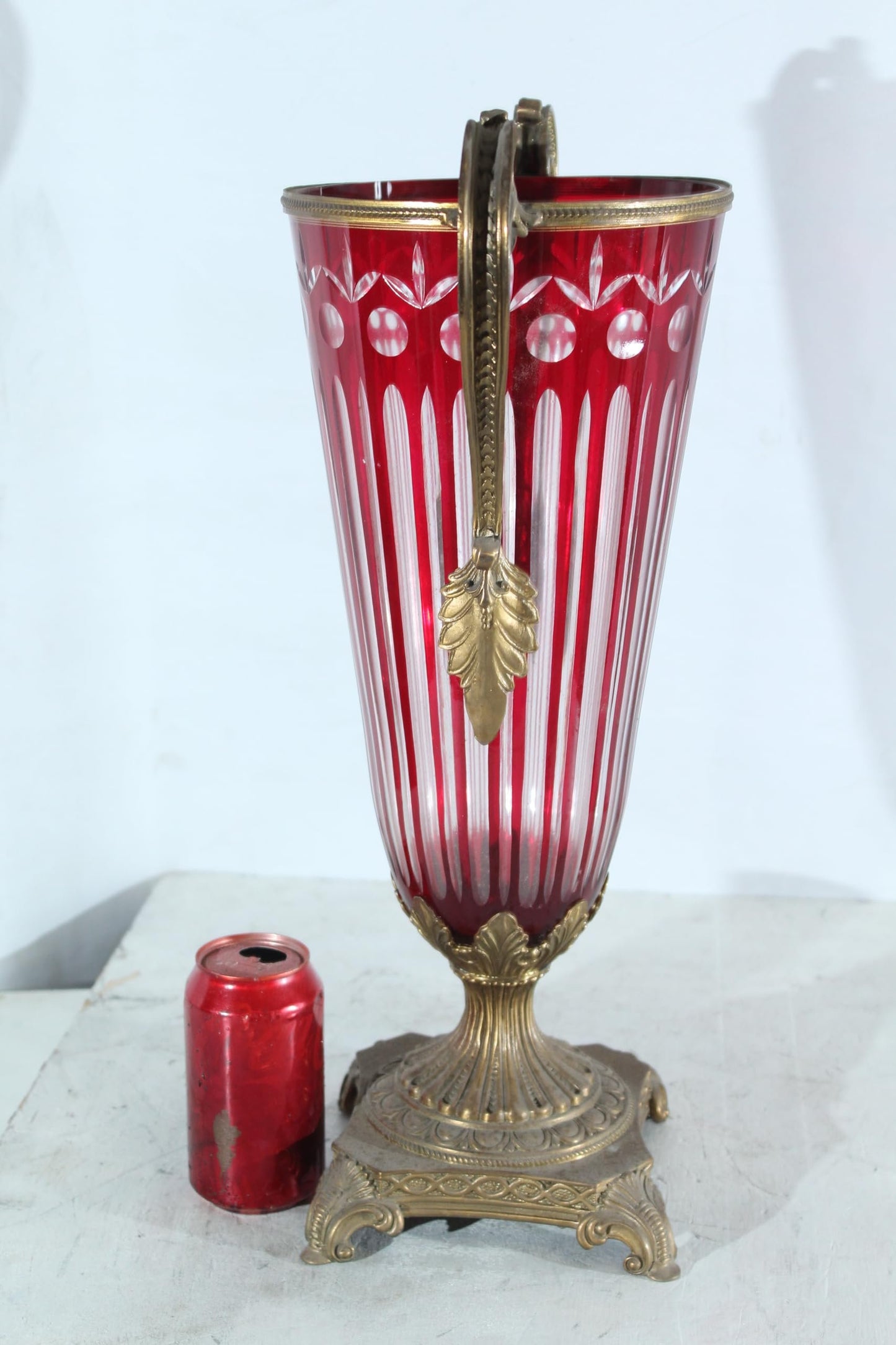 Glass vase with Metal Handles and Base red Vertical Style 13"x8"x21"H