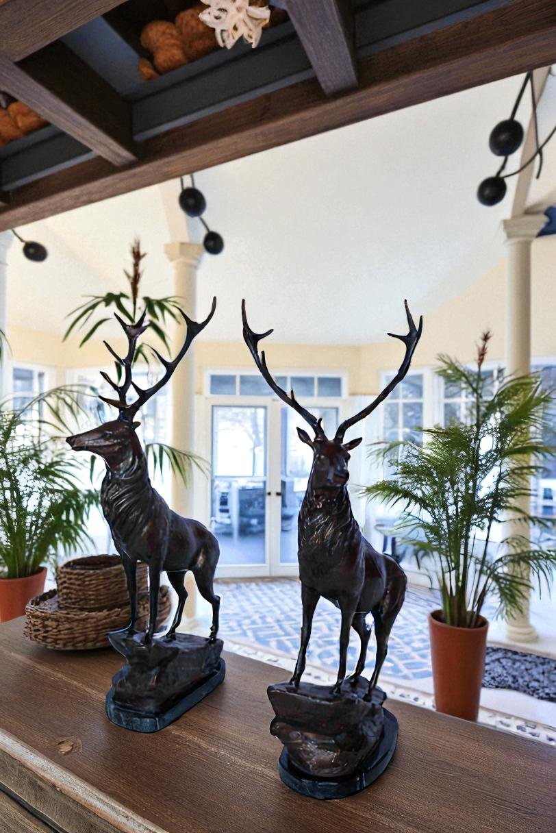 Pair of Bronze Deer Stag Statues Standing on Rock Base 14" x 10" x 28"H