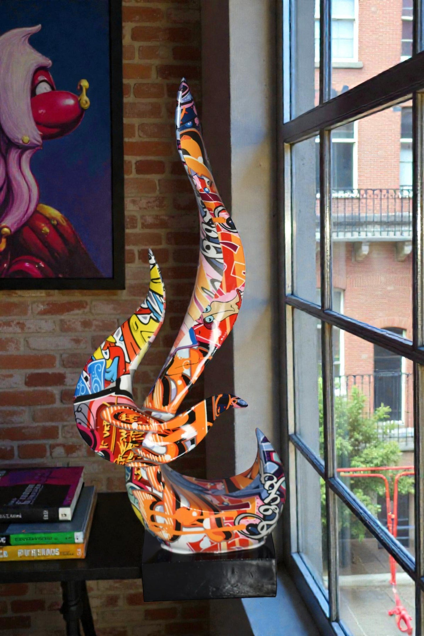 Modern Art Abstract of Fire Painted Graffiti Style Resin Statue  6" x 3" x 16"H