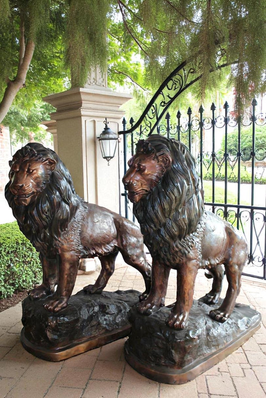 Lifesized Pair of Lions Bronze Statues 58" x 30" x 62"H