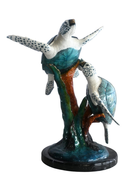 Two Sea Turtles on Coral Reef Bronze Sculpture Teal 17"x18"x33"H