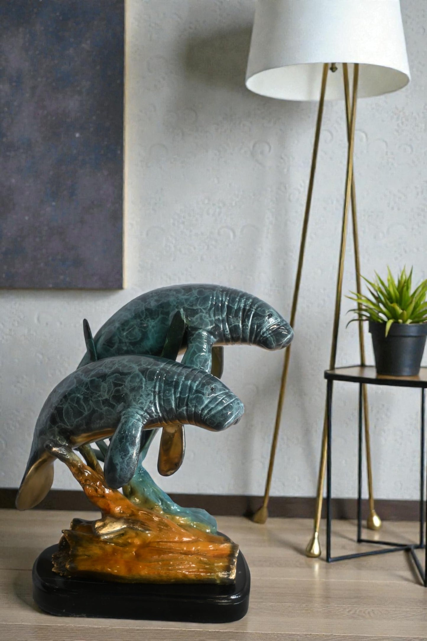 Two Manatees Bronze Sculpture Marble Base Ocean Life 15"x11"x12"H