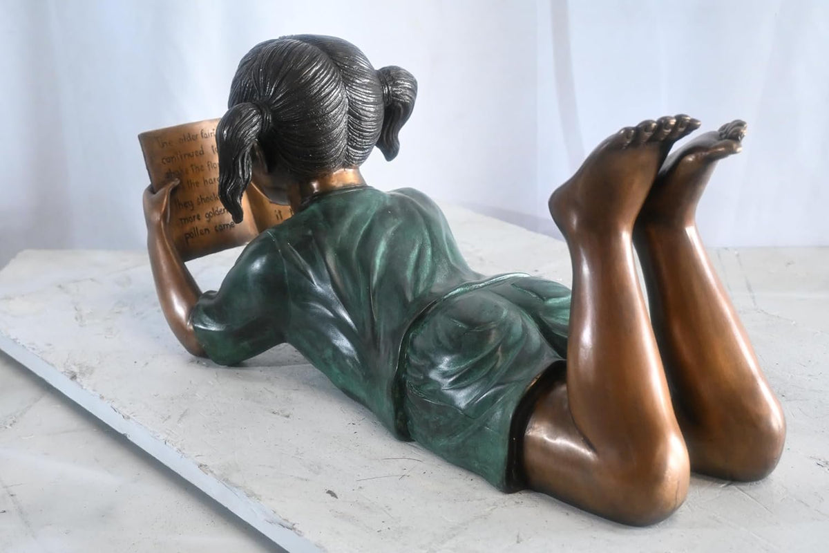 Bronze Girl Reading Fairy Tale Book Lying Down Sculpture 24"x10"x11"H