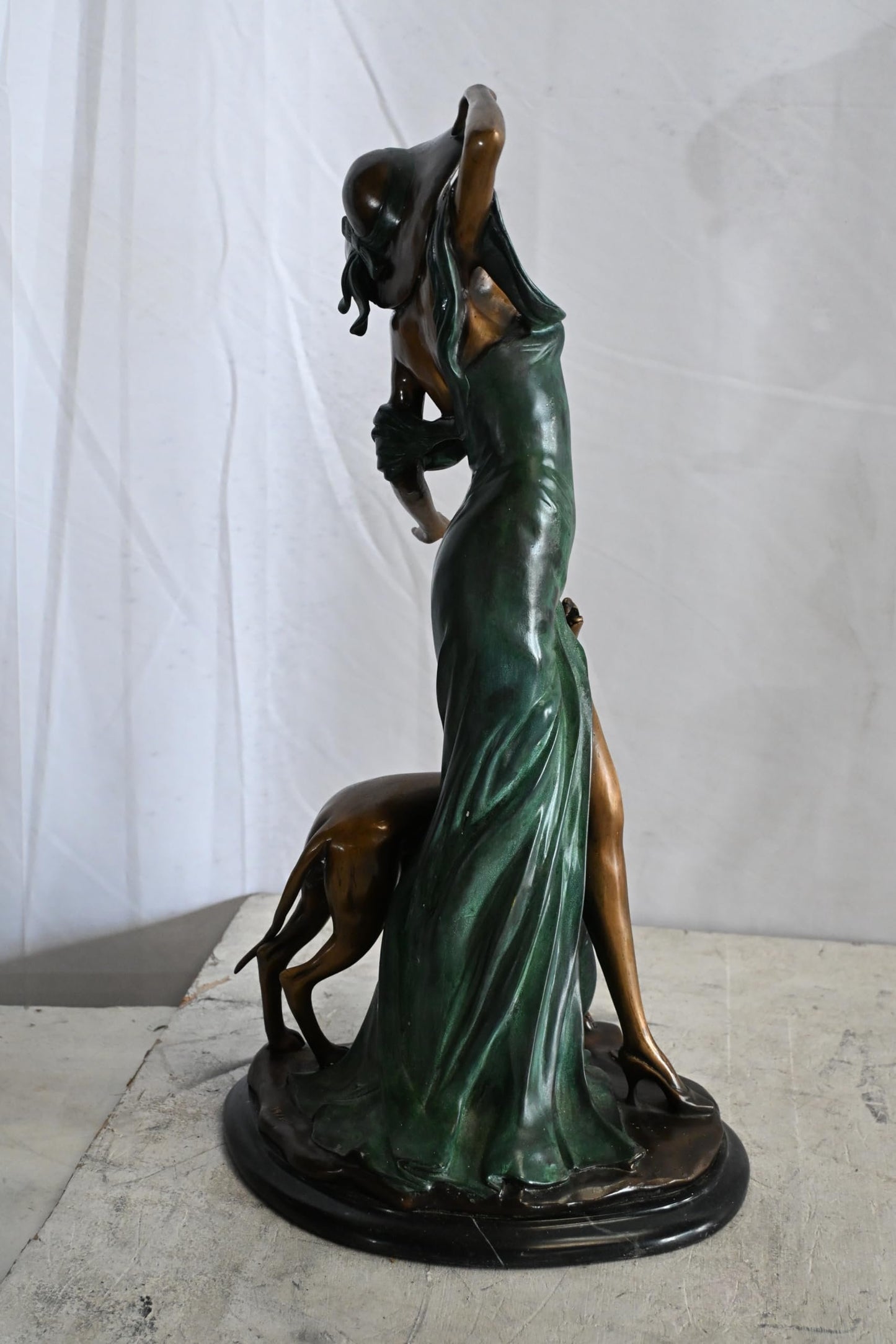 Art Deco Woman with Greyhound Bronze Statue Figurine 12"x10"x24"H