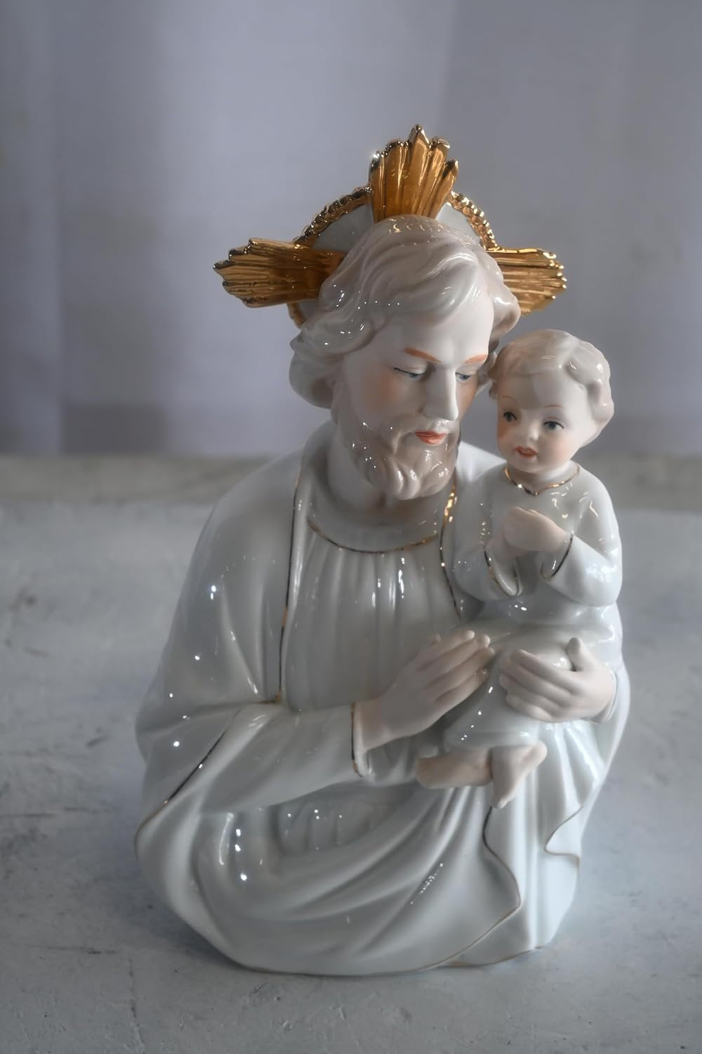 Porcelain Saint Joseph and Christ Child Gold Halo Statue 6"x4"x9"H