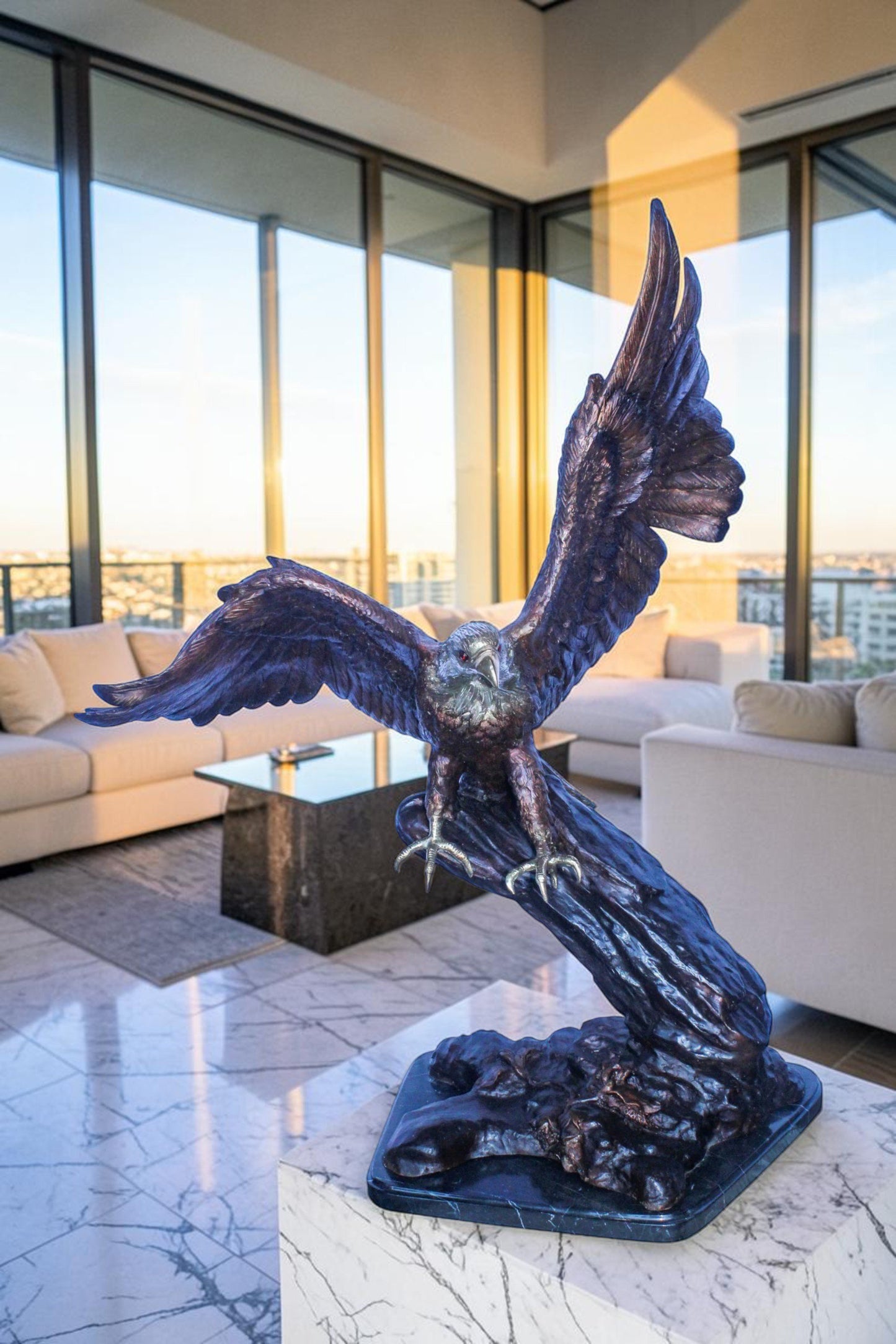 Large Eagle Coming to Landing Bronze Statue on Marble Base 37" x 19" x 46"H