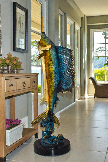 Upright Fierce Marlin Jumping Off the Water Bronze Statue  Size: 12" x 8" x 30"H