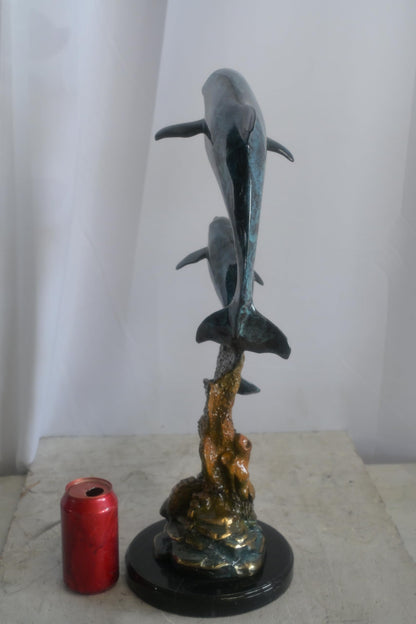Bronze Dual Leaping Dolphin Sculpture on Marble Base 10"x6"x24"H