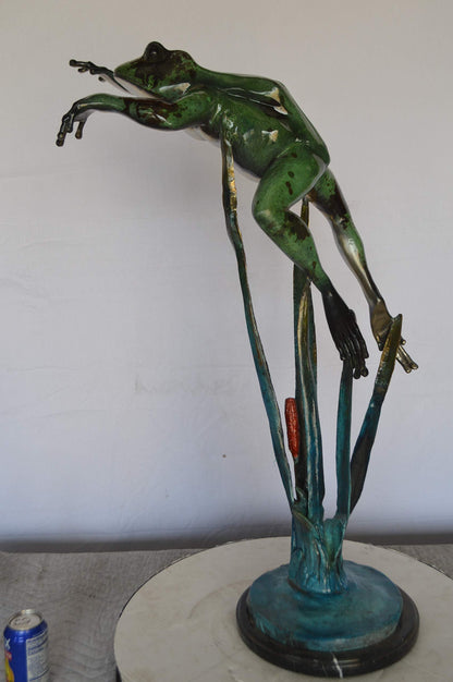 Large Frog Jumping Forward Bronze Statue on Marble -  Size: 25"L x 15"W x 36"H.
