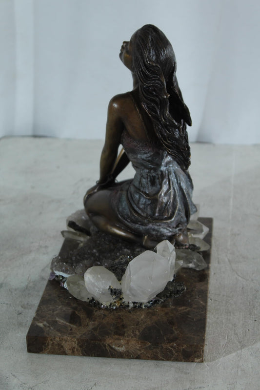 NIFAO Bronze Girl on Crystal Quartz and Marble Base by Vidal 10"x7"x11"H