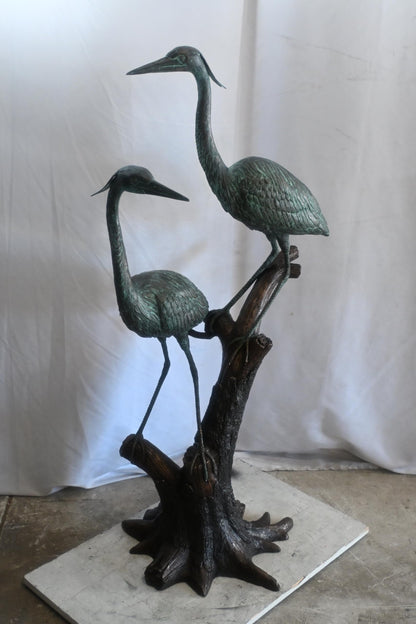 Bronze Heron Pair Sculpture on Driftwood Branch Perch 25"x20"x52"H