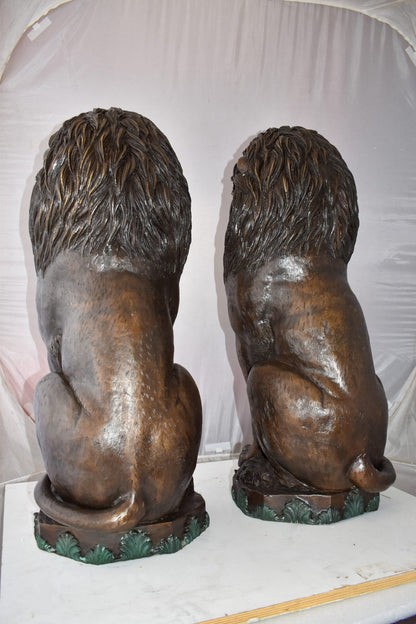 Pair Of Lions Sitting on Base Very Detailed Bronze Statues 13" x 26" x 34"H