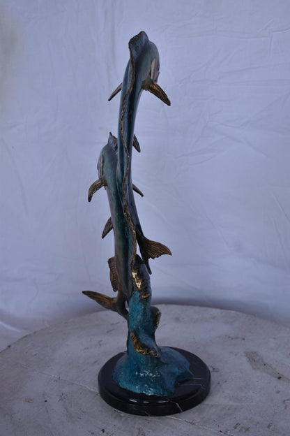 Two Dorado, Mahi Mahi Bronze Statue on Marble Base - Size: 9"L x 9"W x 22"H.