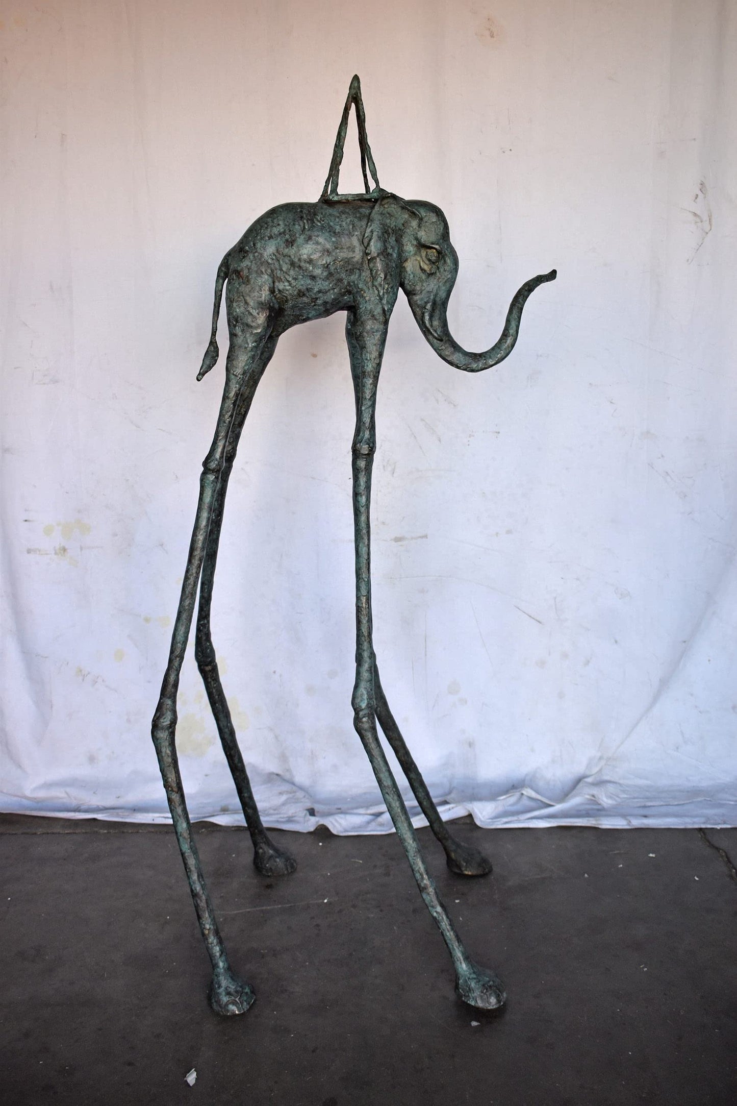 Modern Art Green Patina Tall Elephant Bronze Statue - Size: 26"L x 27"W x 67"H.