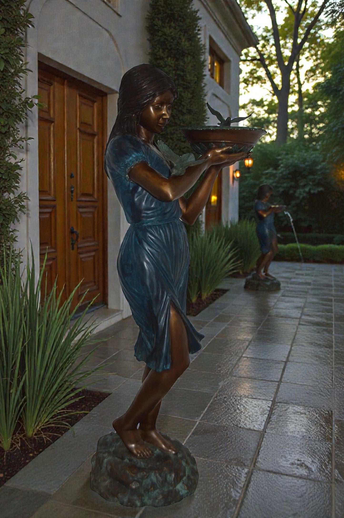 Lady holding a tray bronze statue fountain - Size: 17"L x 23"W x 62"H.