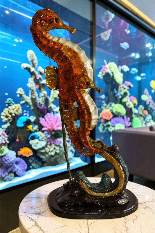 Two Sea Horses Swimming in the Ocean Colored Bronze Statue 13" x 9" x 28"H