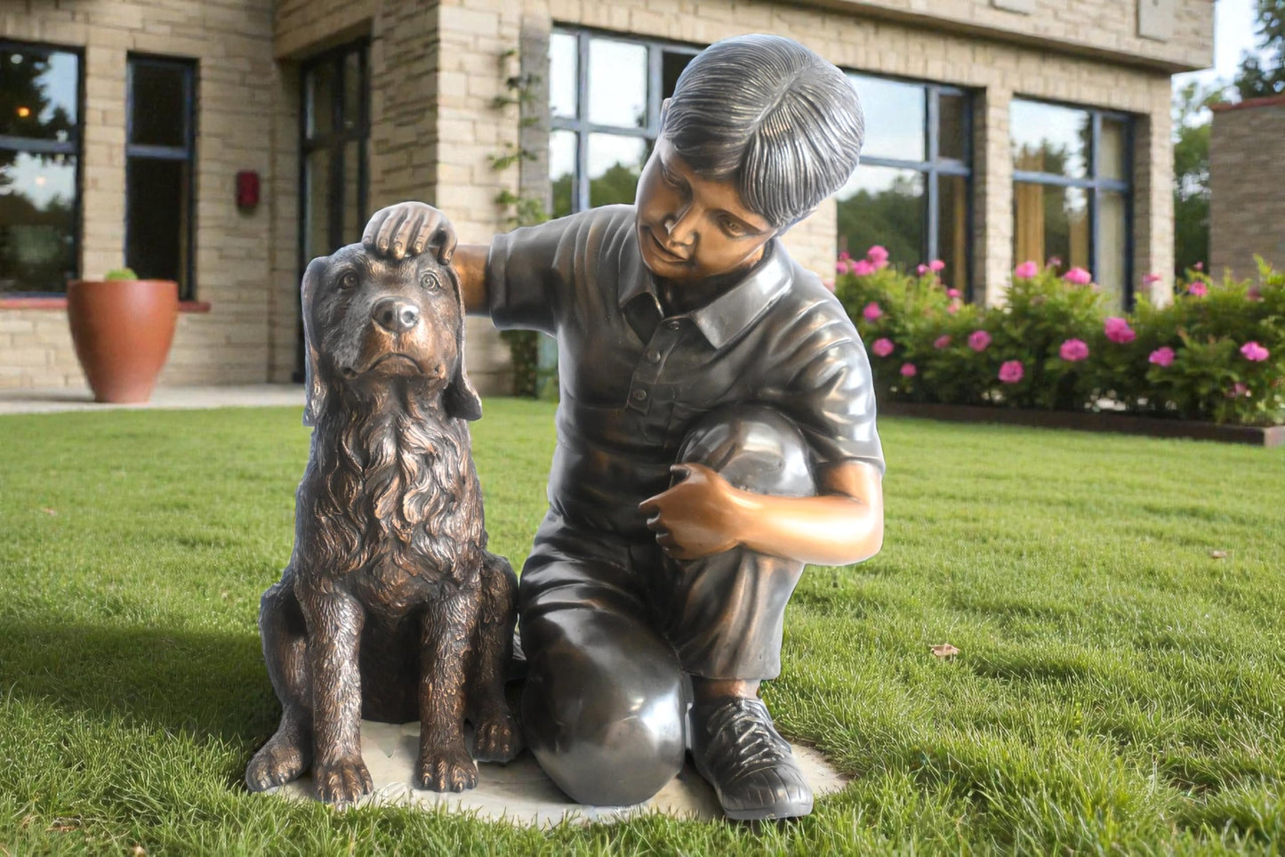 Bronze Boy with Dog Statue Child Petting Puppy Sculpture 21"x18"x23"H