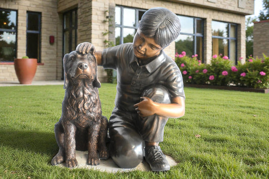 Bronze Boy with Dog Statue Child Petting Puppy Sculpture 21"x18"x23"H