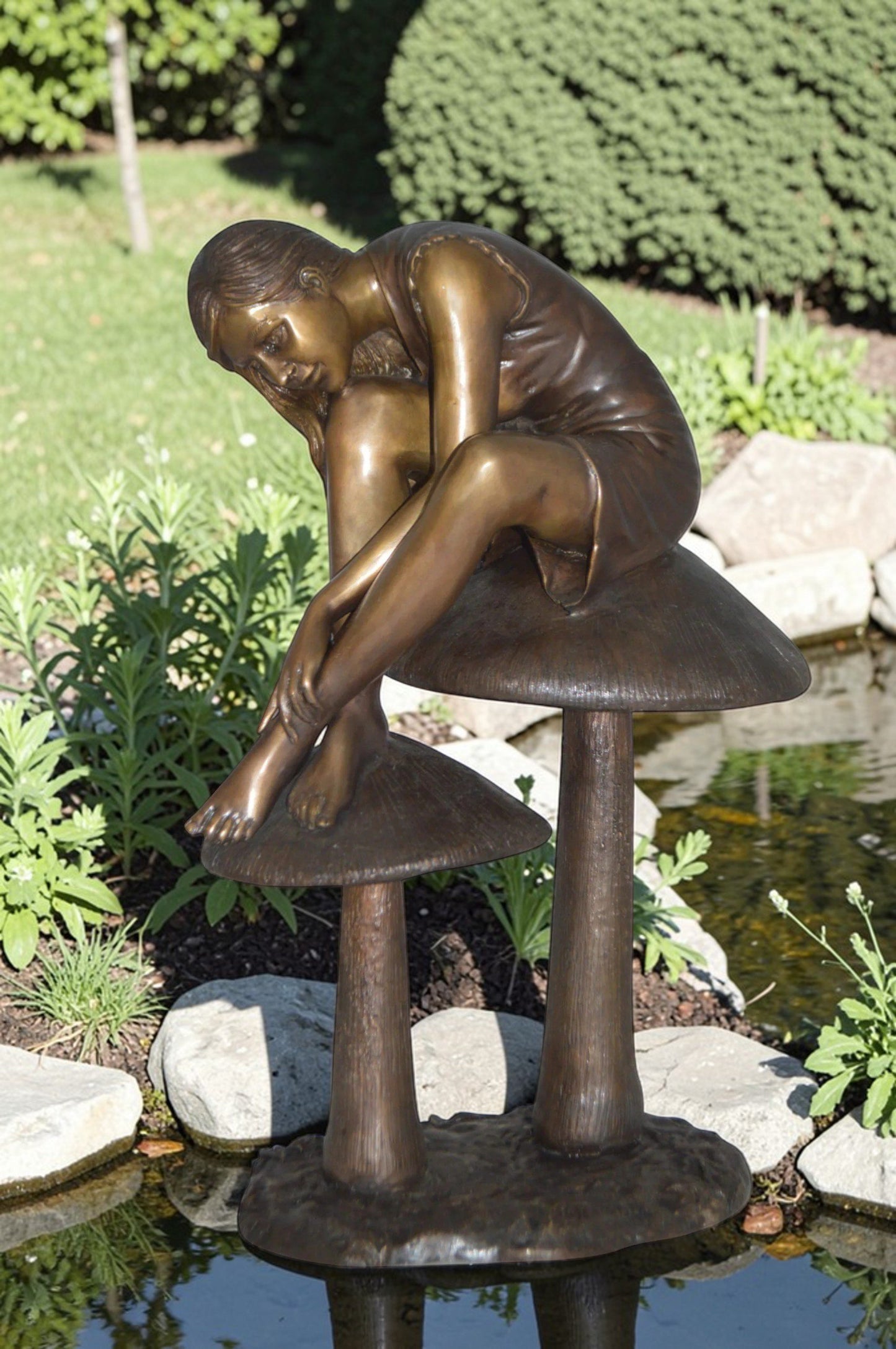 Girl sitting on Mushrooms Bronze Statue -  Size: 13"L x 11"W x 18"H.