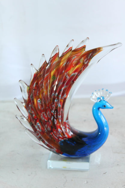 NIFAO Glass Peacock Figurine Hand Blown Art Glass on Clear Base 8" x 3" x 10"H