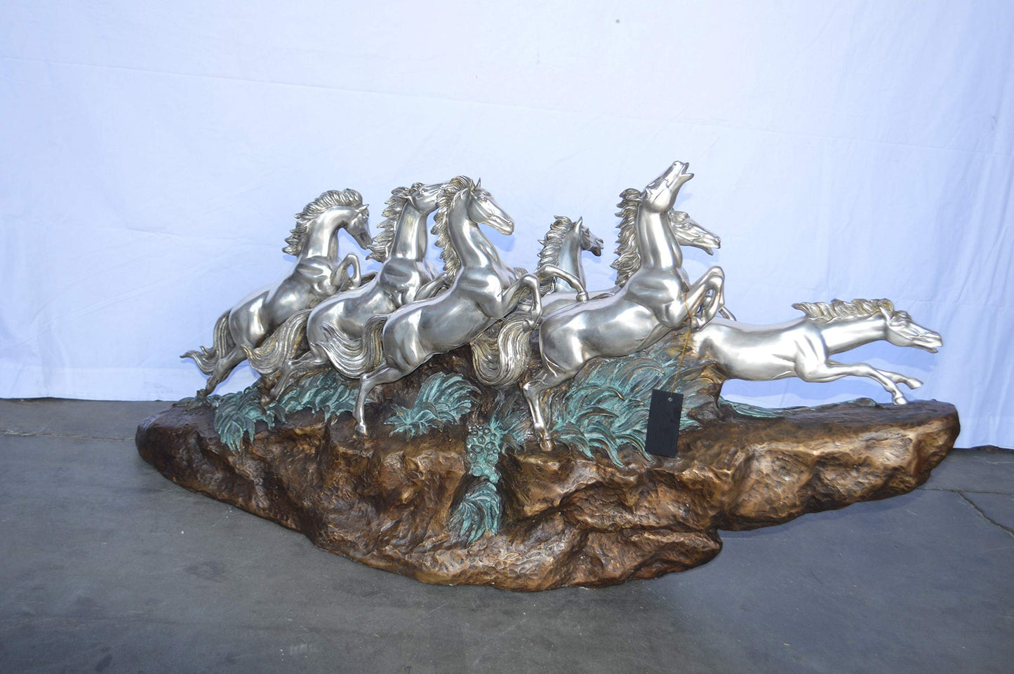 Eight Horses Running Bronze Statue Silver Finish -  Size: 59"L x 20"W x 28"H.