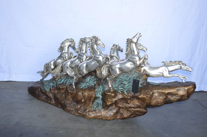 Eight Horses Running Bronze Statue Silver Finish -  Size: 59"L x 20"W x 28"H.