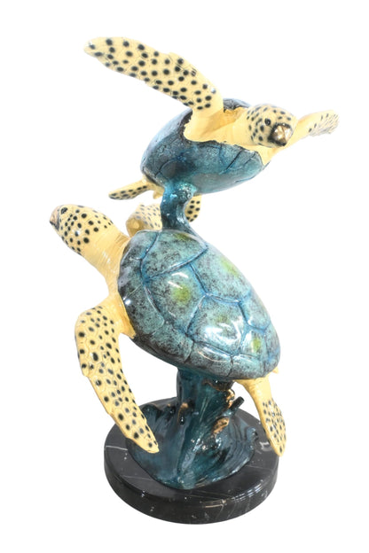 Two Sea Turtles Bronze Sculpture Vertical Swimming 23"x16"x28"H