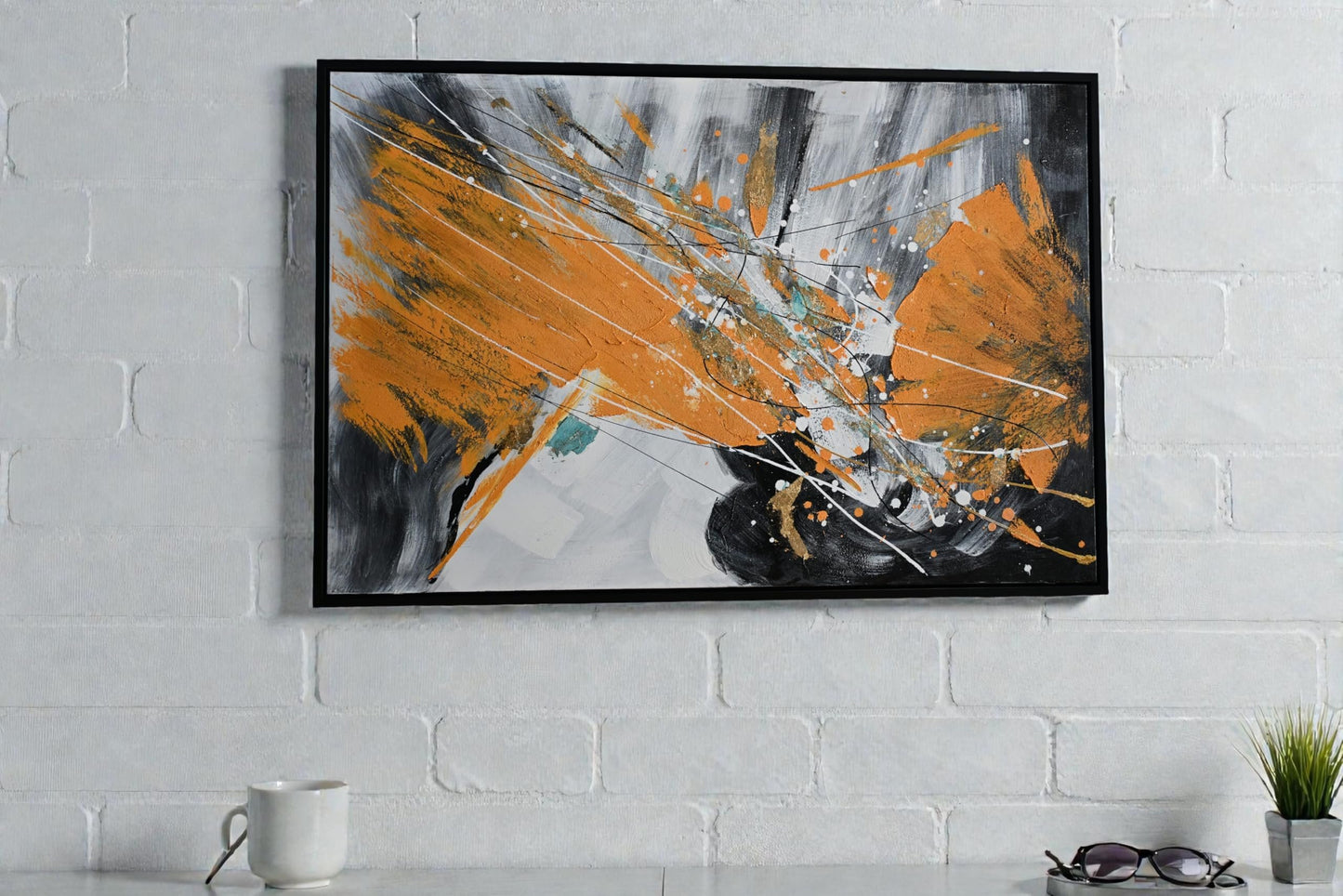 Abstract Canvas Painting Orange Gray Splash Framed Art 41"x61"