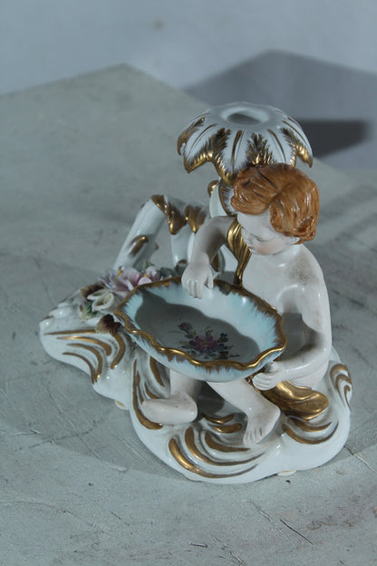 Porcelain Cherub Candle Holder with Floral Dish 9"x6"x7"H