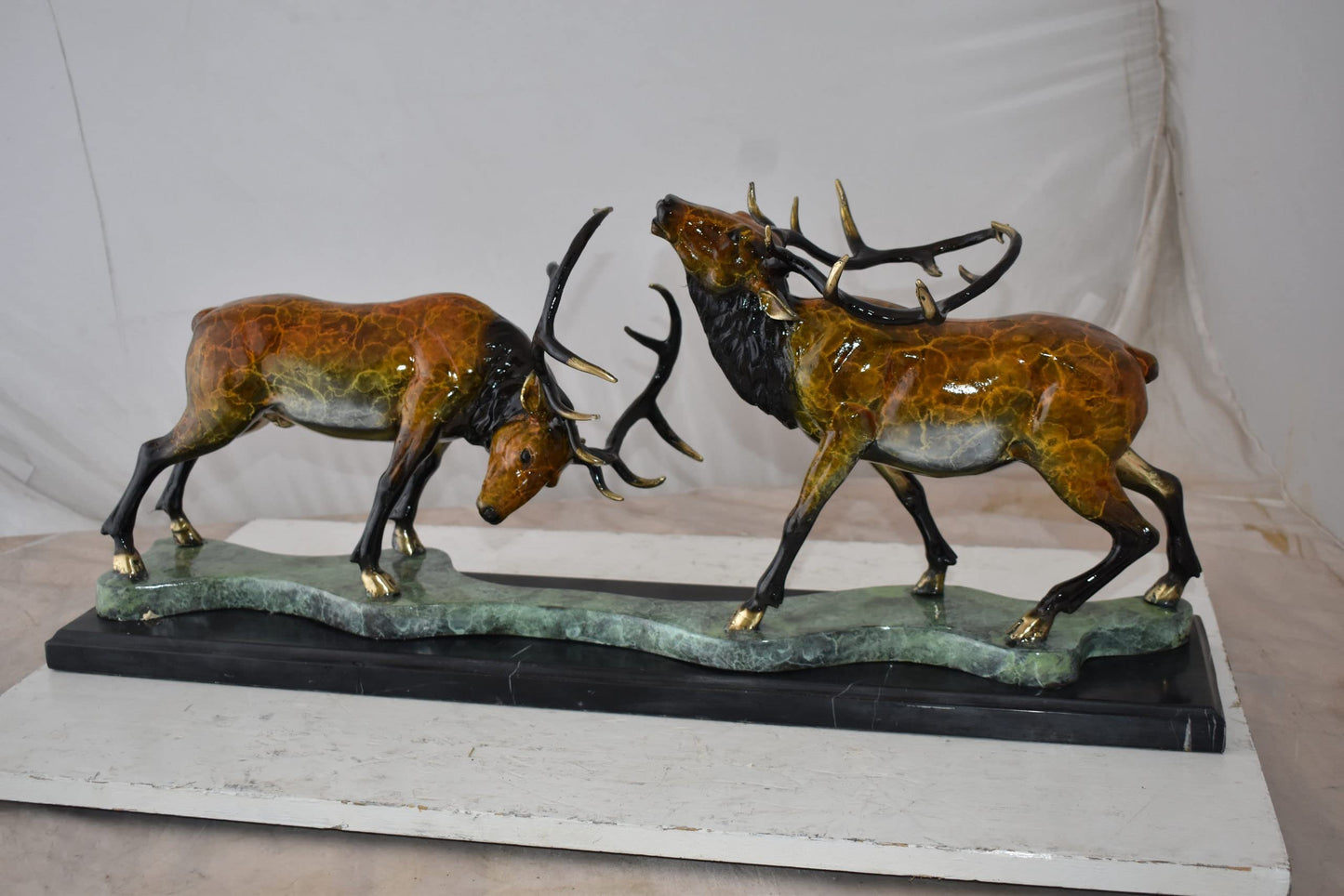 Fighting Deer Bronze Statue Mounted on a Marble Base Size: 32" x 8" x 14"H