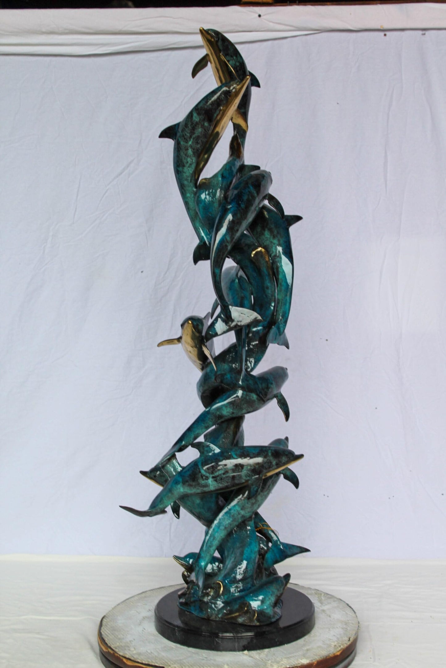 Nifao Dolphin Spiral Wave Bronze Statue – Majestic Coastal Sculpture with Handcrafted Detail for Home, Garden, or Patio Decor – 15" L x 17" W x 55" H