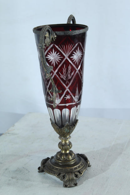 Ruby Red Cut Glass Trophy Vase with Metal Handles and Ornate Base 10"x6"x16"H