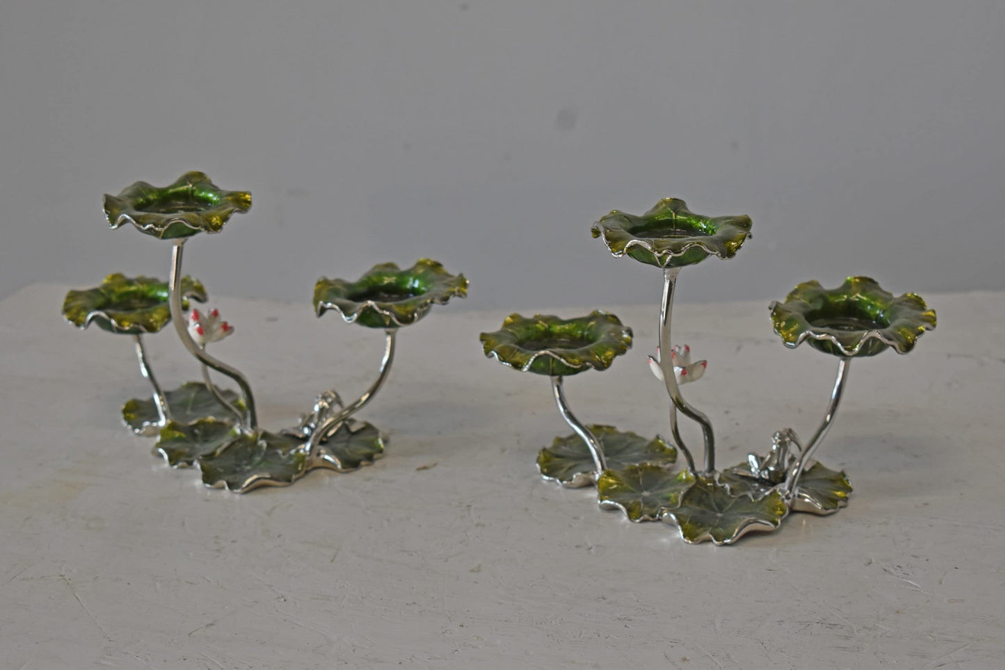 Two Sets of Candle Holders Made of Enameled Metal Size: 8" x 5" x 6"H