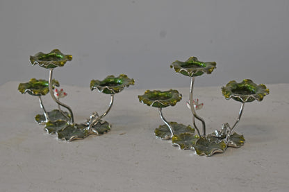 Two Sets of Candle Holders Made of Enameled Metal Size: 8" x 5" x 6"H