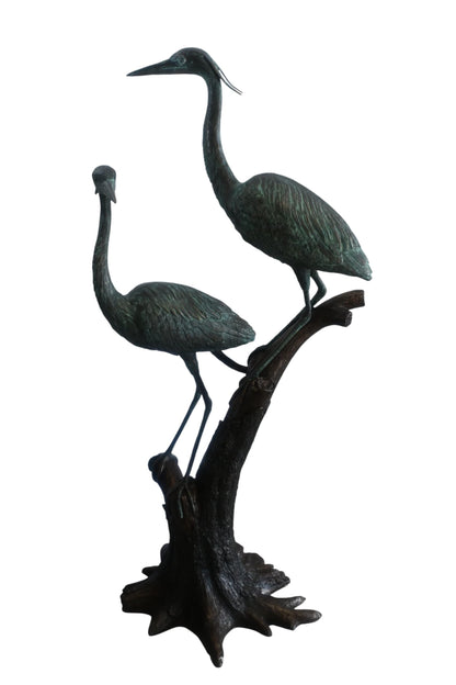 Bronze Heron Pair Sculpture on Driftwood Branch Perch 25"x20"x52"H