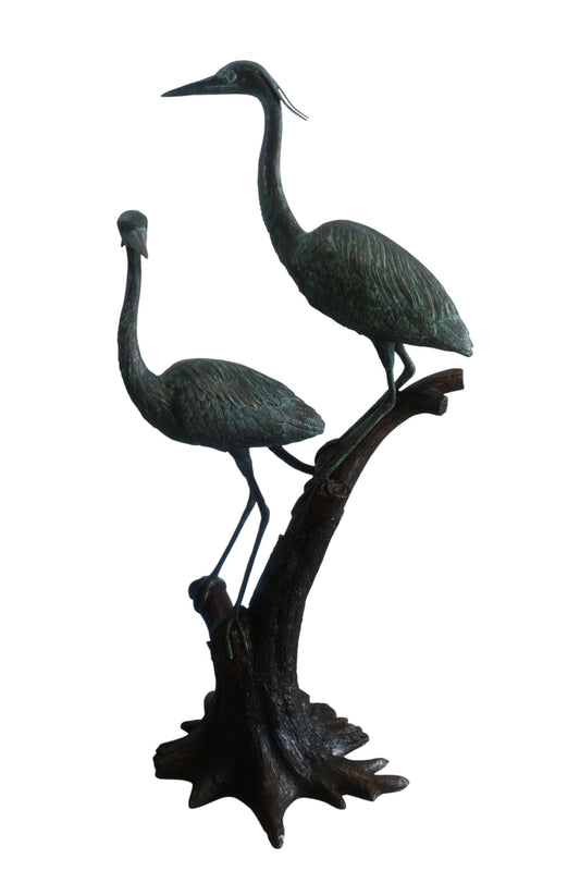 Bronze Heron Pair Sculpture on Driftwood Branch Perch 25"x20"x52"H