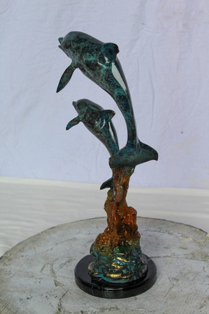 Bronze Dolphin Pair Statue Coastal Ocean Décor 8" x 11" x 22"H