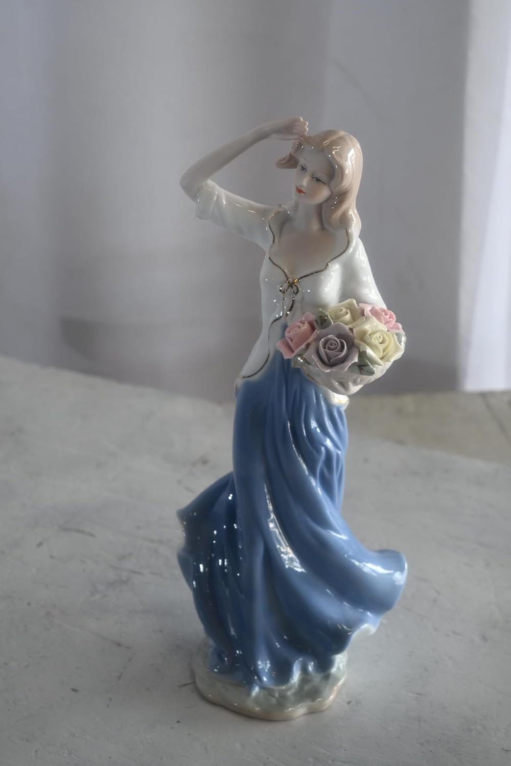 Porcelain Lady White Top Blue Skirt Holding Rose Bouquet 5"x4"x12"H