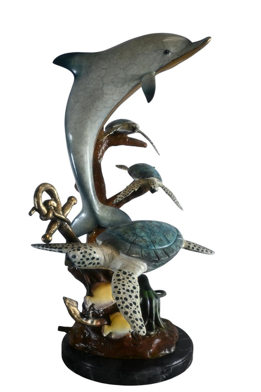 Bronze Dolphin Sea Turtles Fountain Lost Wax Ocean Scene 22"x18"x37"H