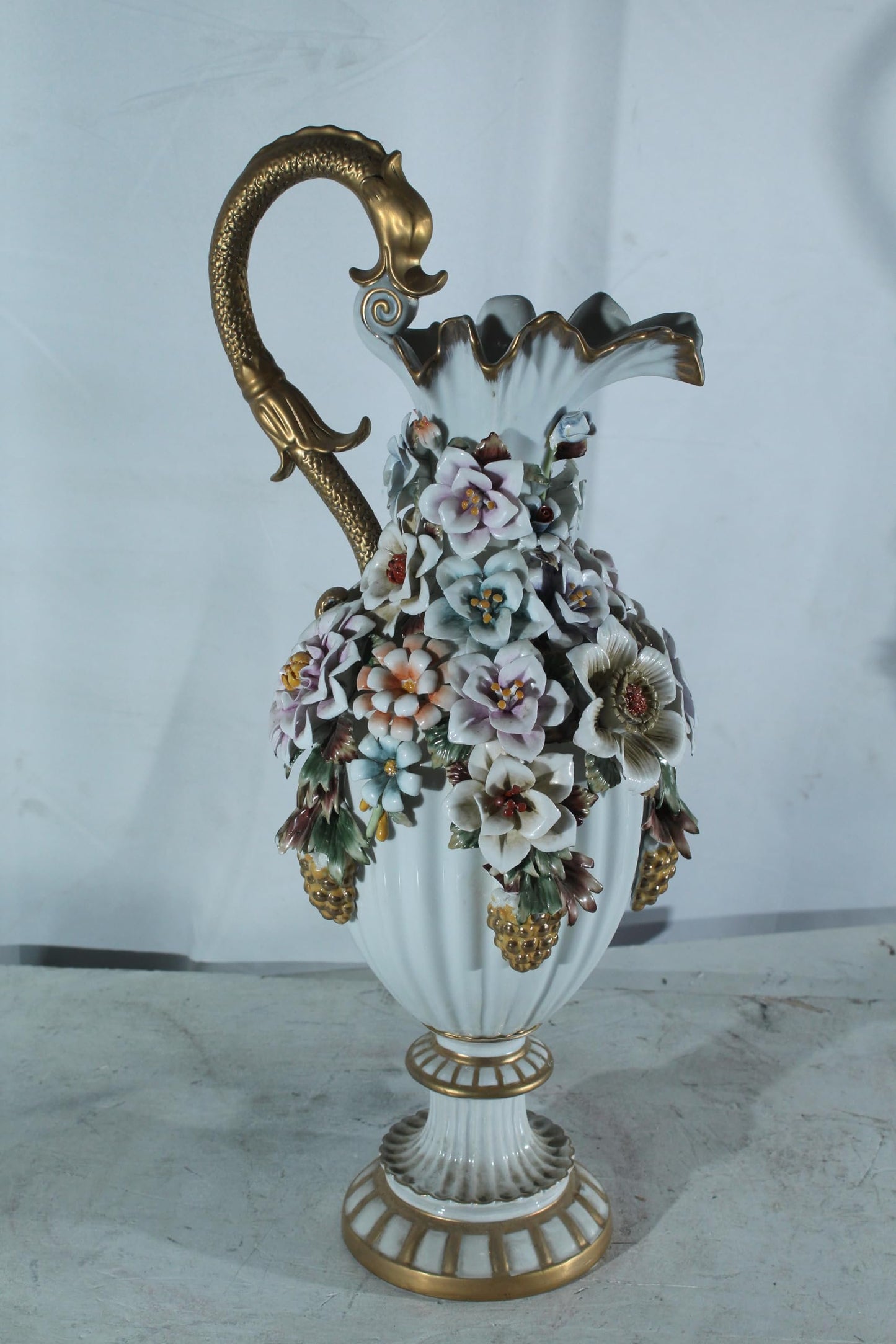 Porcelain Floral Ewer vase Ornate Handle 10"x7"x22"H
