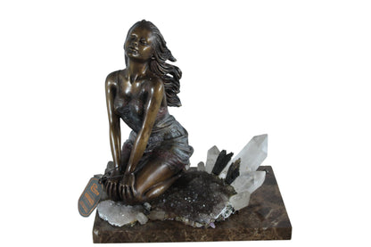 NIFAO Bronze Girl on Crystal Quartz and Marble Base by Vidal 10"x7"x11"H